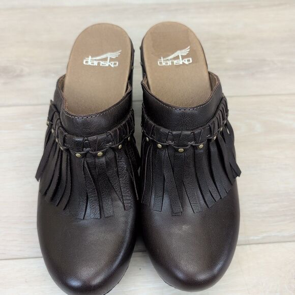 Dansko Shoes Women Size 39 Deni Fringe Slip On Clogs Heel Mule Leather Brown - Picture 2 of 9